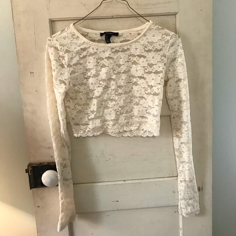 White Long Sleeve Lace Crop Top